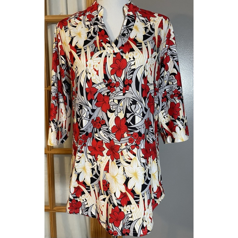 Ceasikery Floral Pullover Blouse Sz L Red White V Neck 3/4 Sleeve Boho Career